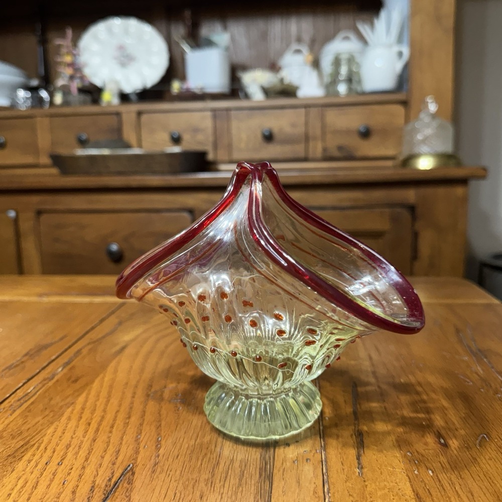Vintage Czech Bohemian Handmade Hand Blown Art Glass Basket Clear & Red‎ c.1950s